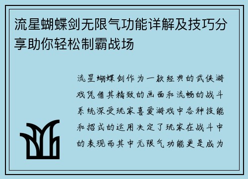 流星蝴蝶剑无限气功能详解及技巧分享助你轻松制霸战场