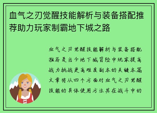 血气之刃觉醒技能解析与装备搭配推荐助力玩家制霸地下城之路 血气之刃觉醒技能解析与装备搭配推荐助力玩家制霸地下城之路